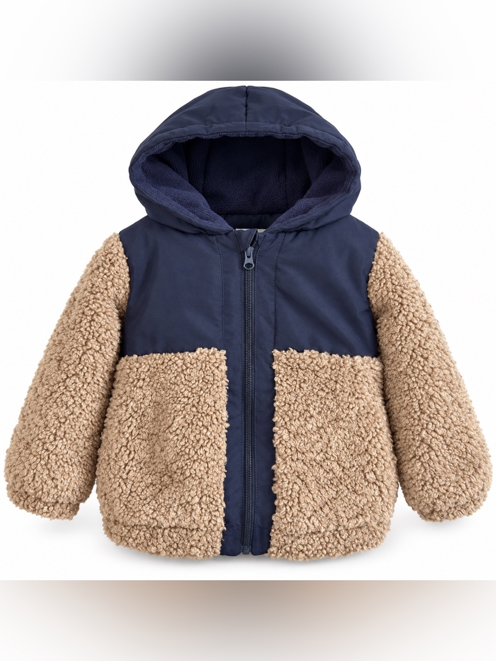 Miles the Label Teddy Sherpa Hooded Jacket Navy Tan Colorblock Gorpcore 4Y